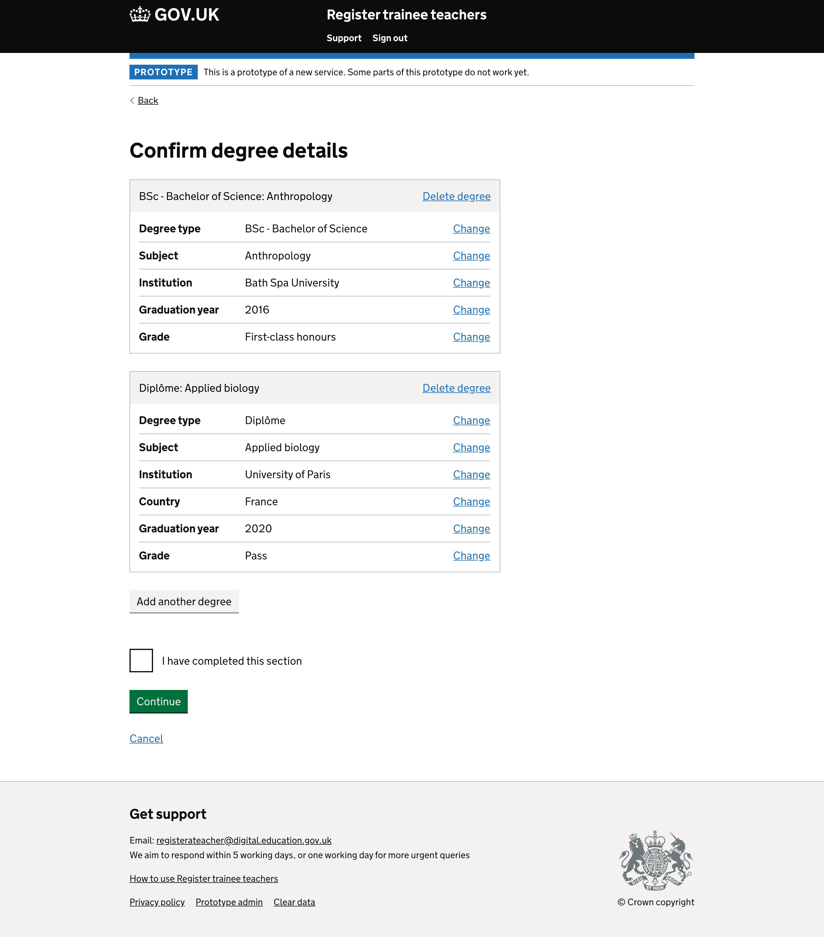 Screenshot of Confirm degree details
