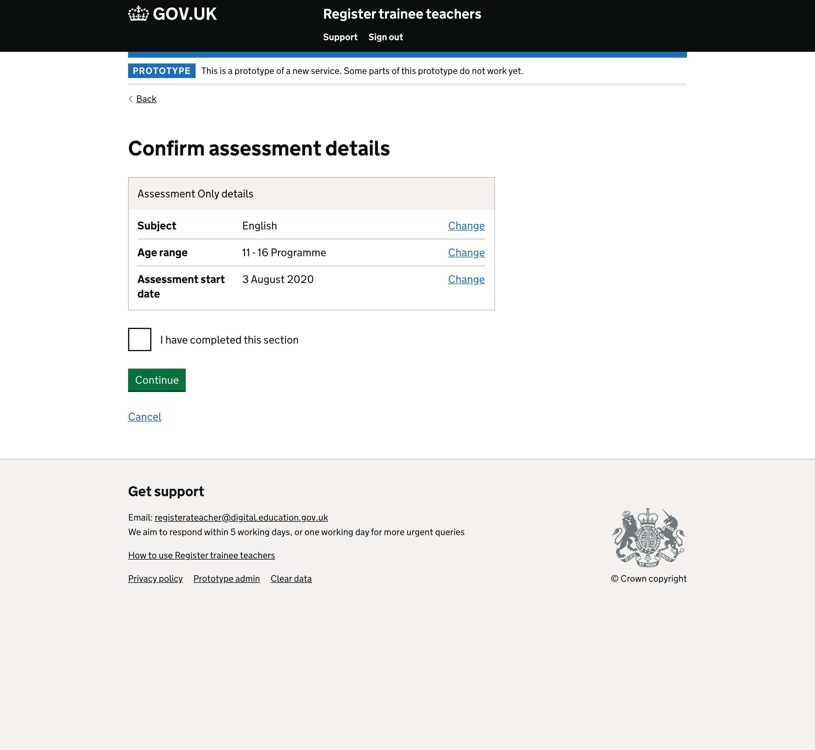 Screenshot of Confirm assessment details