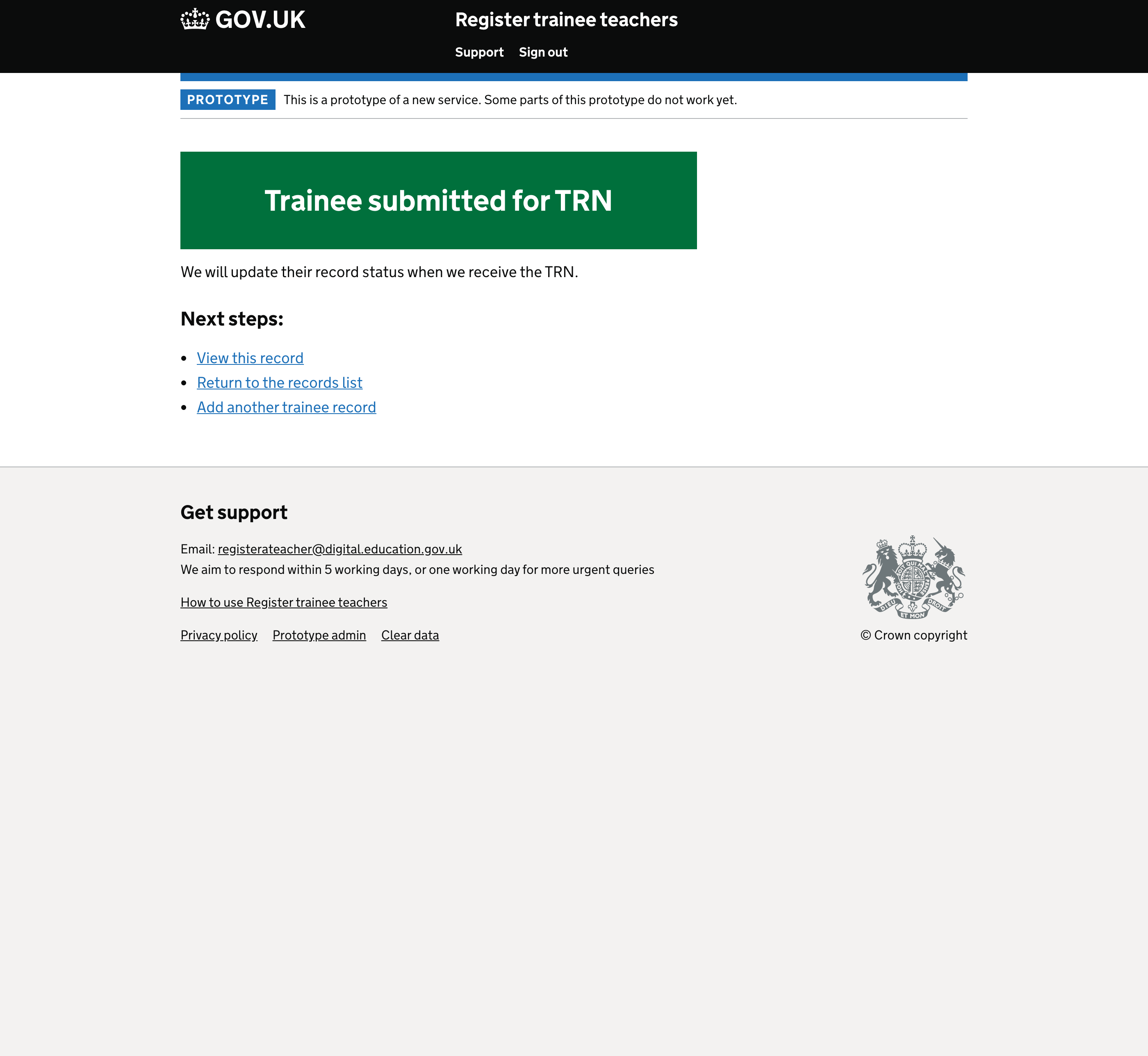Screenshot of Trainee submitted for TRN
