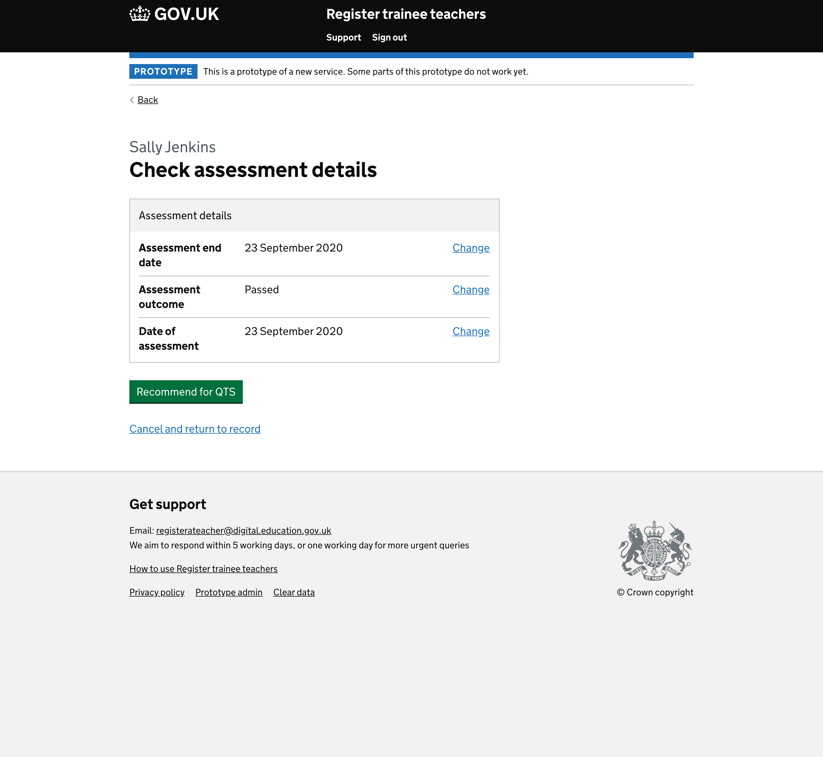 Screenshot of Check assessment details