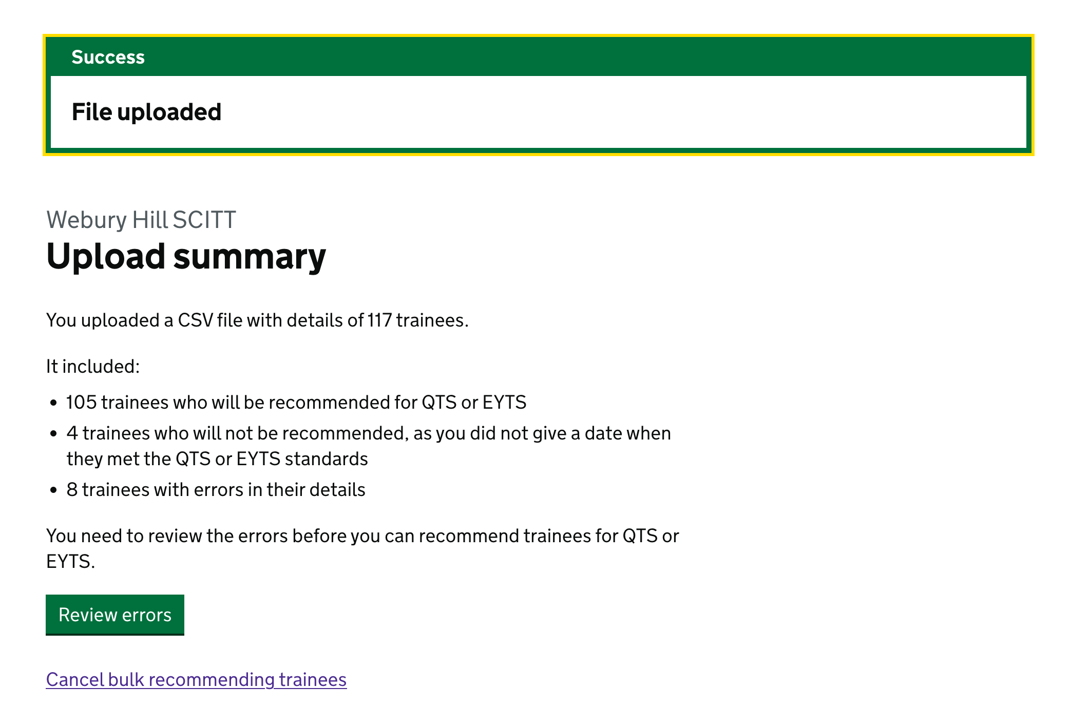Screenshot of Upload summary showing errors