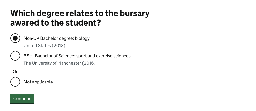 Screenshot of Bursary question