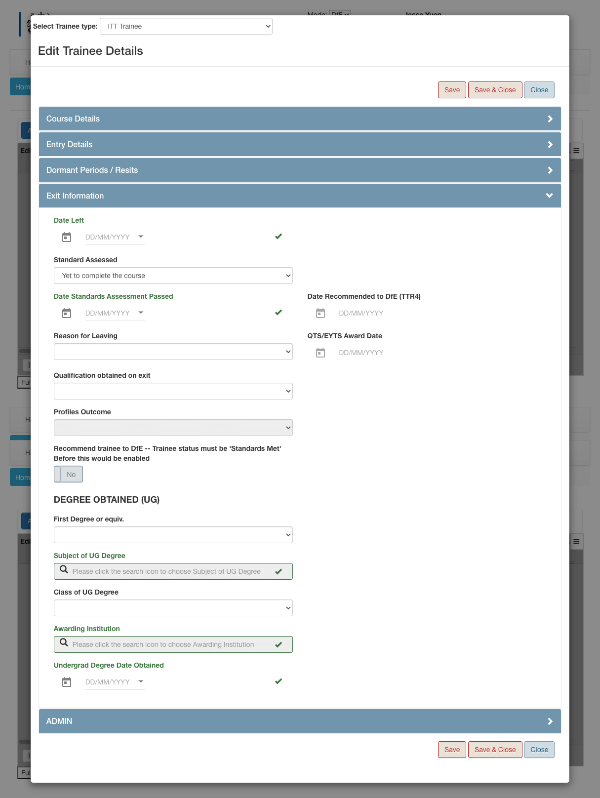 Screenshot of Add exit information
