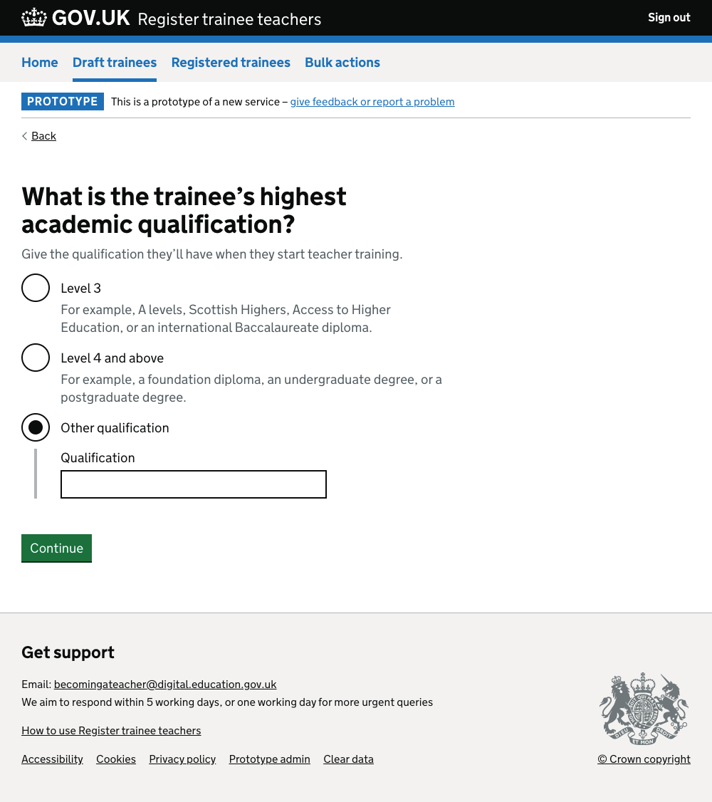Screenshot of ‘What is the trainee’s highest academic qualification?’ question and answers
