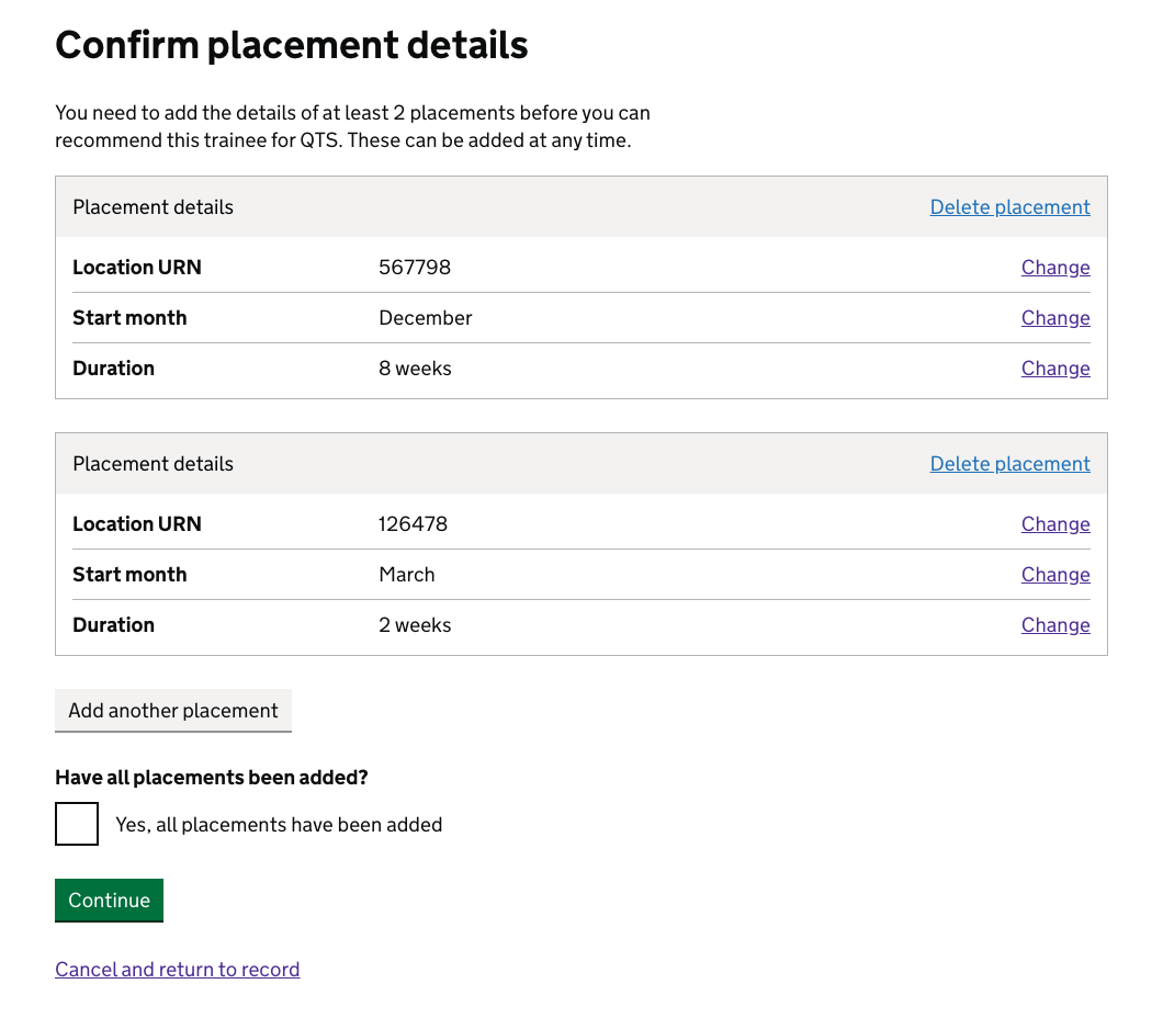 Confirm the placement details you have added