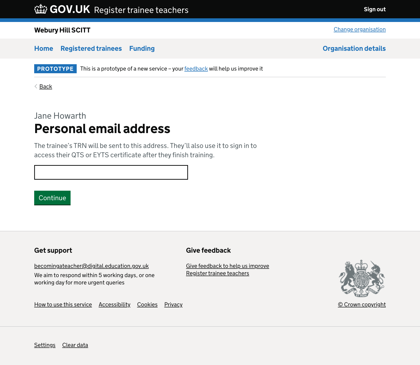 The personal email address question is on its own page. It has hint text which reads: “The trainee’s TRN will be sent to this address. They’ll also use it to sign in to access their QTS or EYTS certificate after they finish training.”