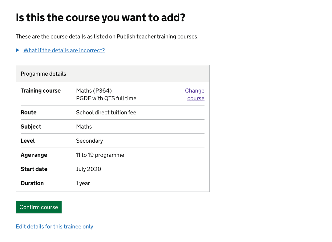 Screenshot of Confirming a publish course