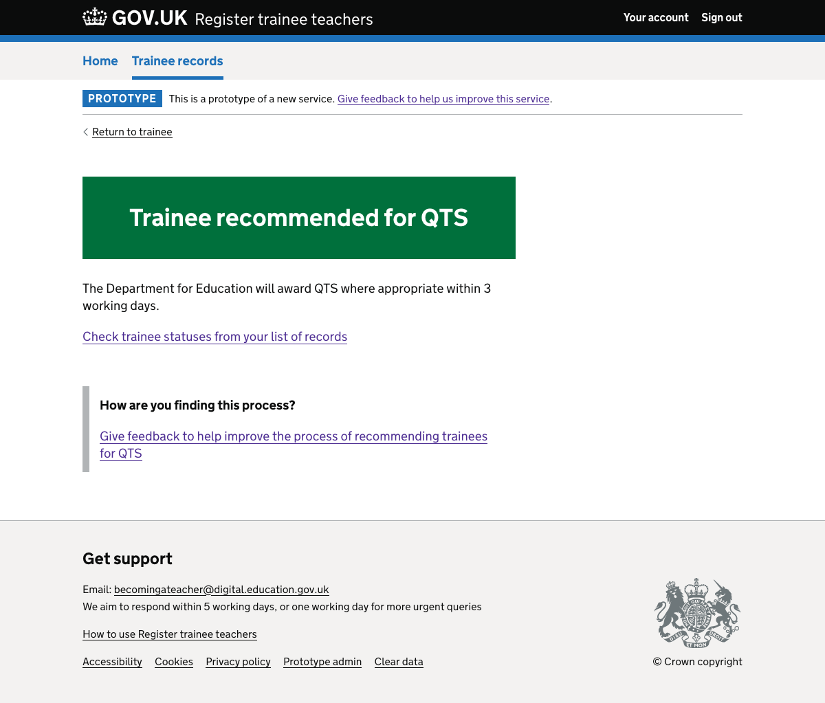 Screenshot of Trainee recommended for QTS