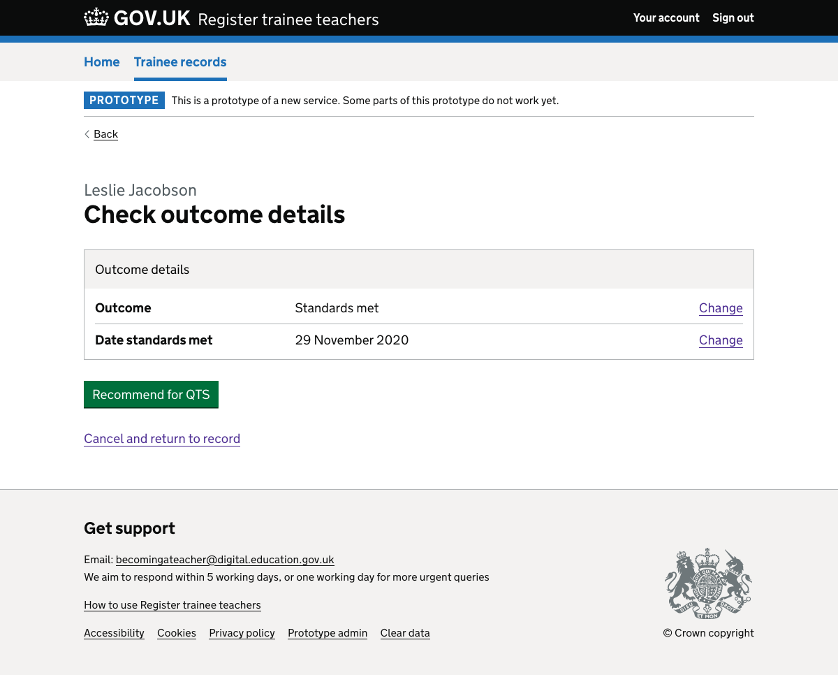 Screenshot of Check outcome details - standards met