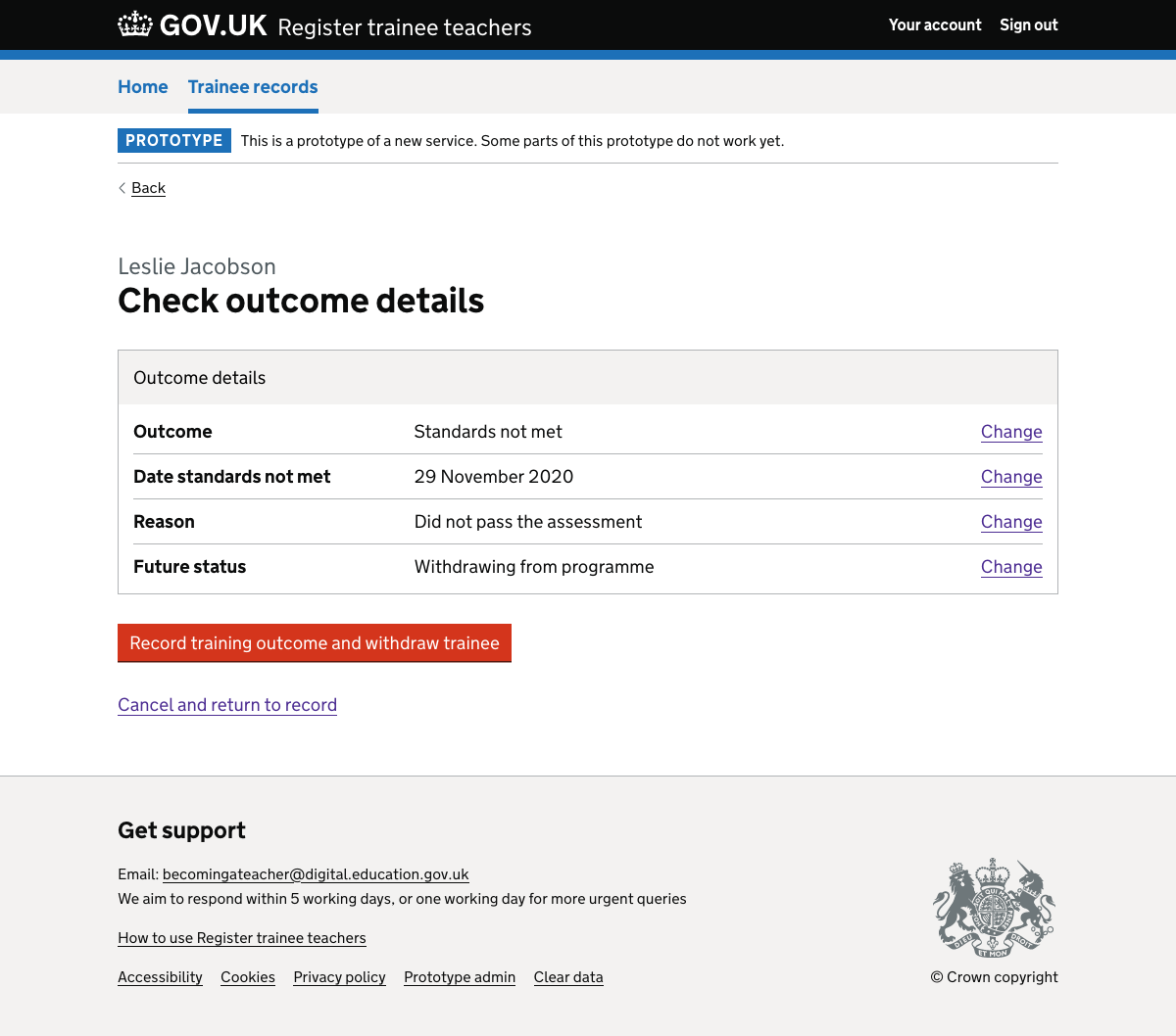 Screenshot of Check outcome details - standards not met and trainee withdrawing