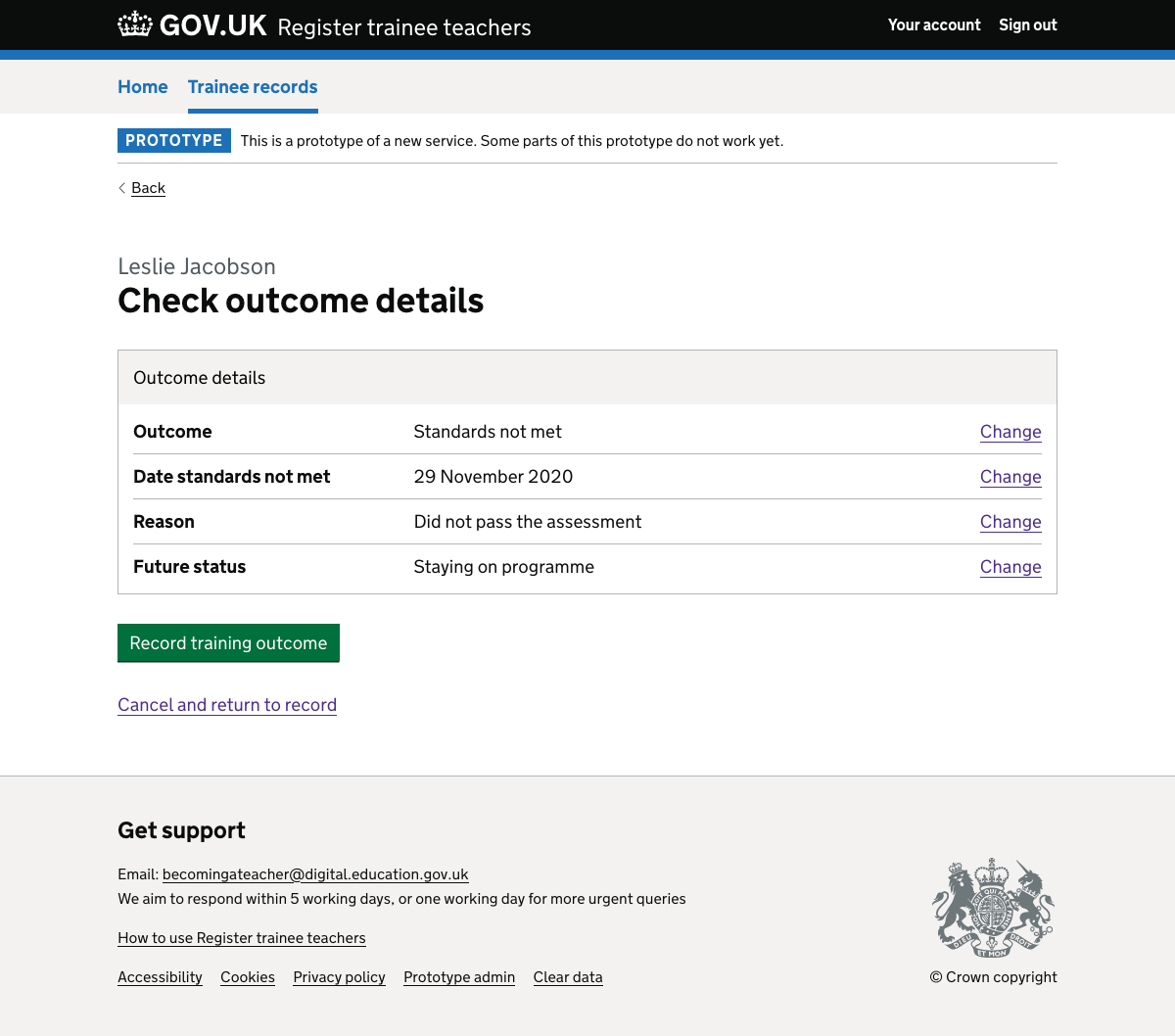 Screenshot of Check outcome details - standards not met and trainee is staying on the programme