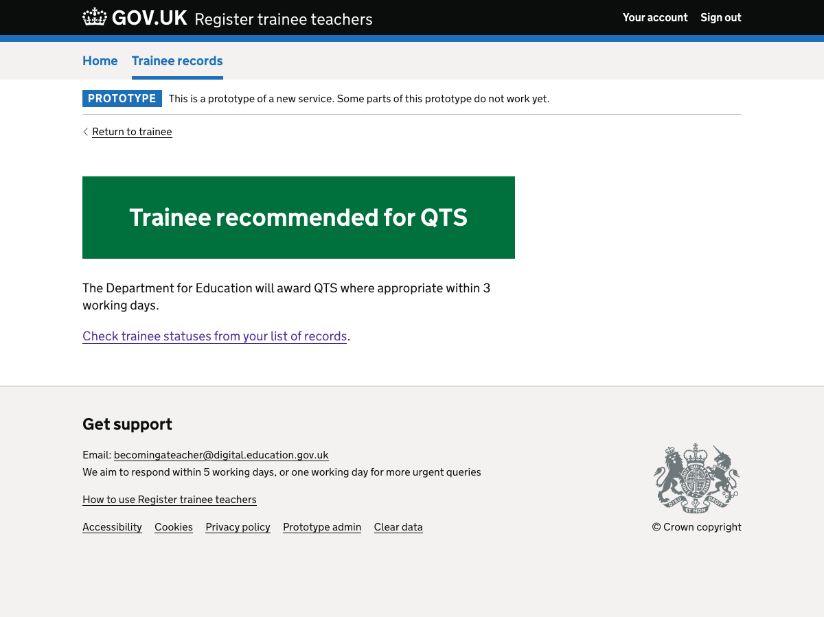 Screenshot of Trainee recommended for QTS