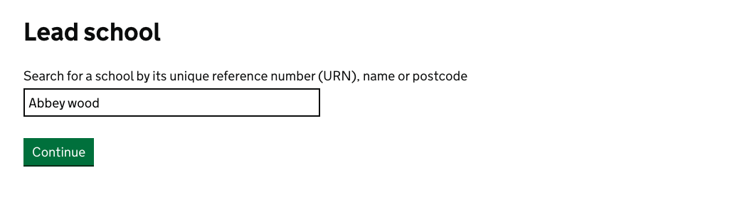 A search input asking the user to search by URN, school name or postcode.