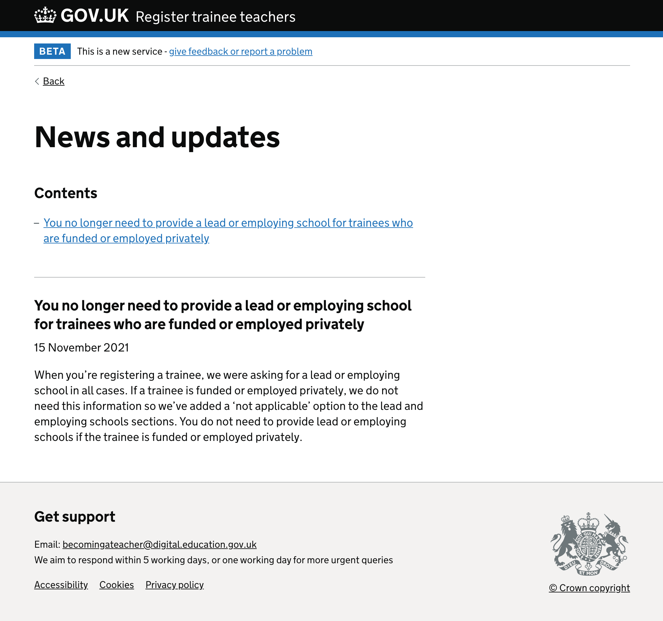 Screenshot of Register's news and updates page