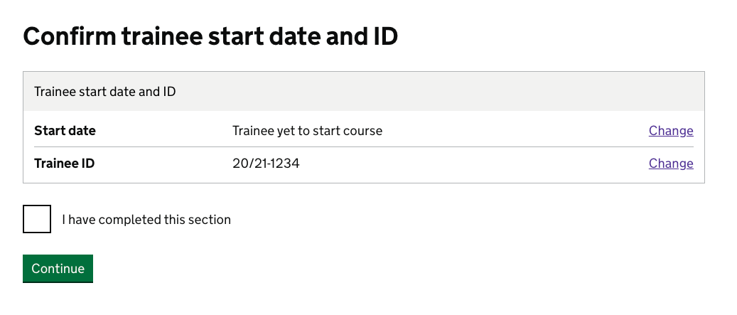 Screenshot of Start date confirmation
