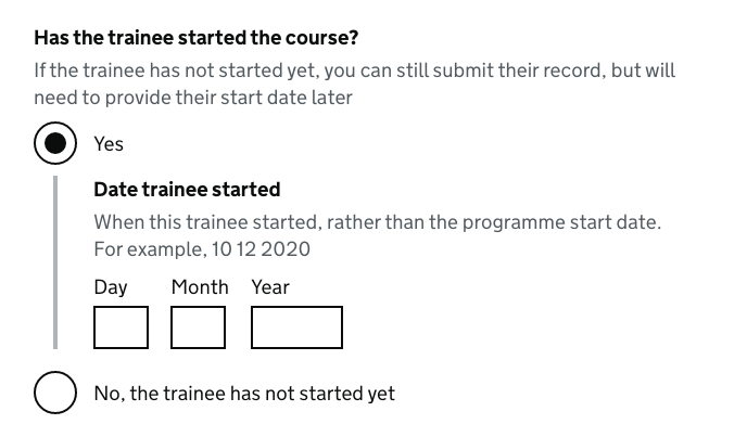 Screenshot of Start date question expanded