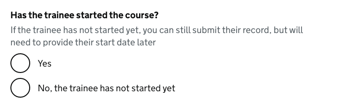 Screenshot of Start date question
