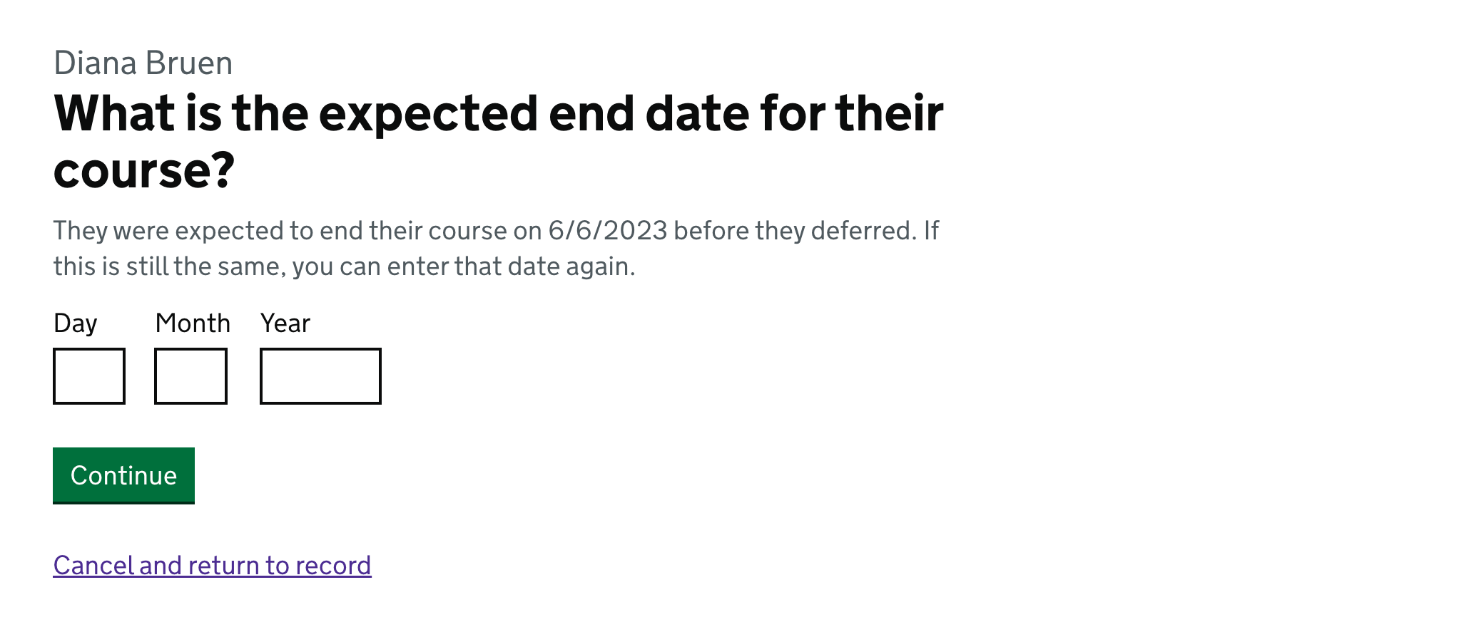 Screenshot of a page titled 'What is the expected end date for their course?' with a date input.