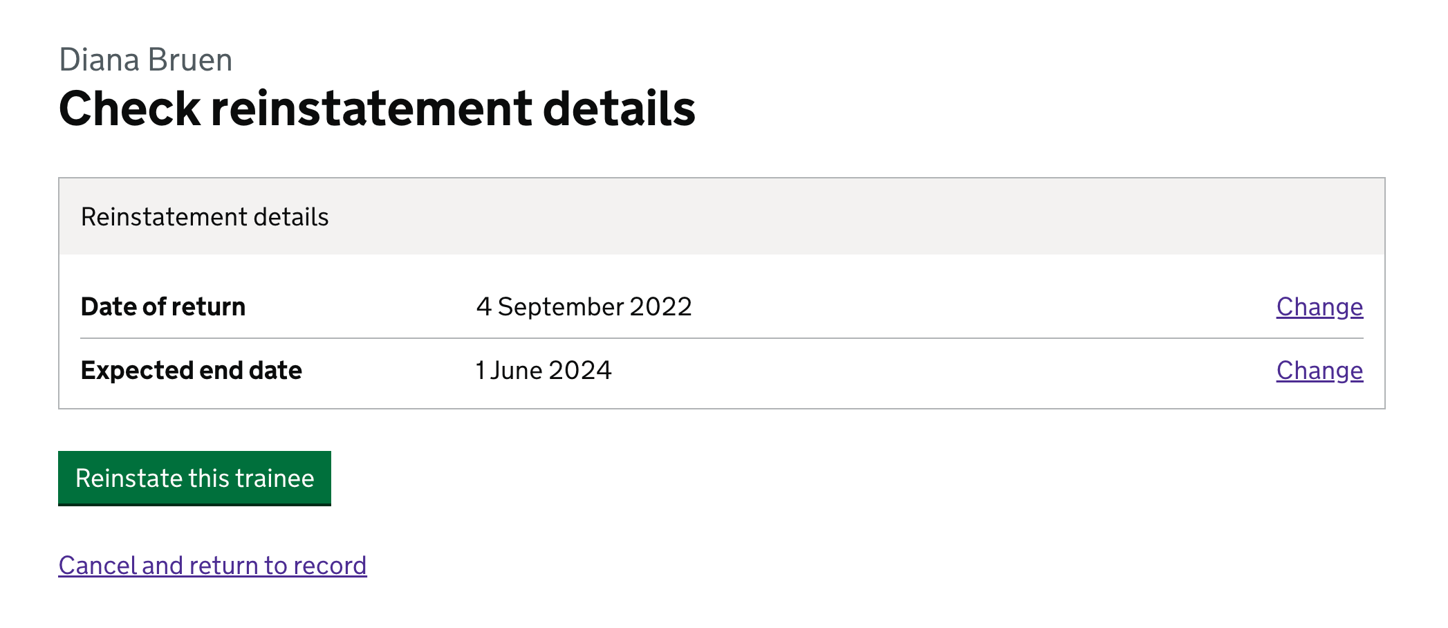 Screenshot of the confirm page for reinstatement after deferral. The last row includes 'expected end date'.