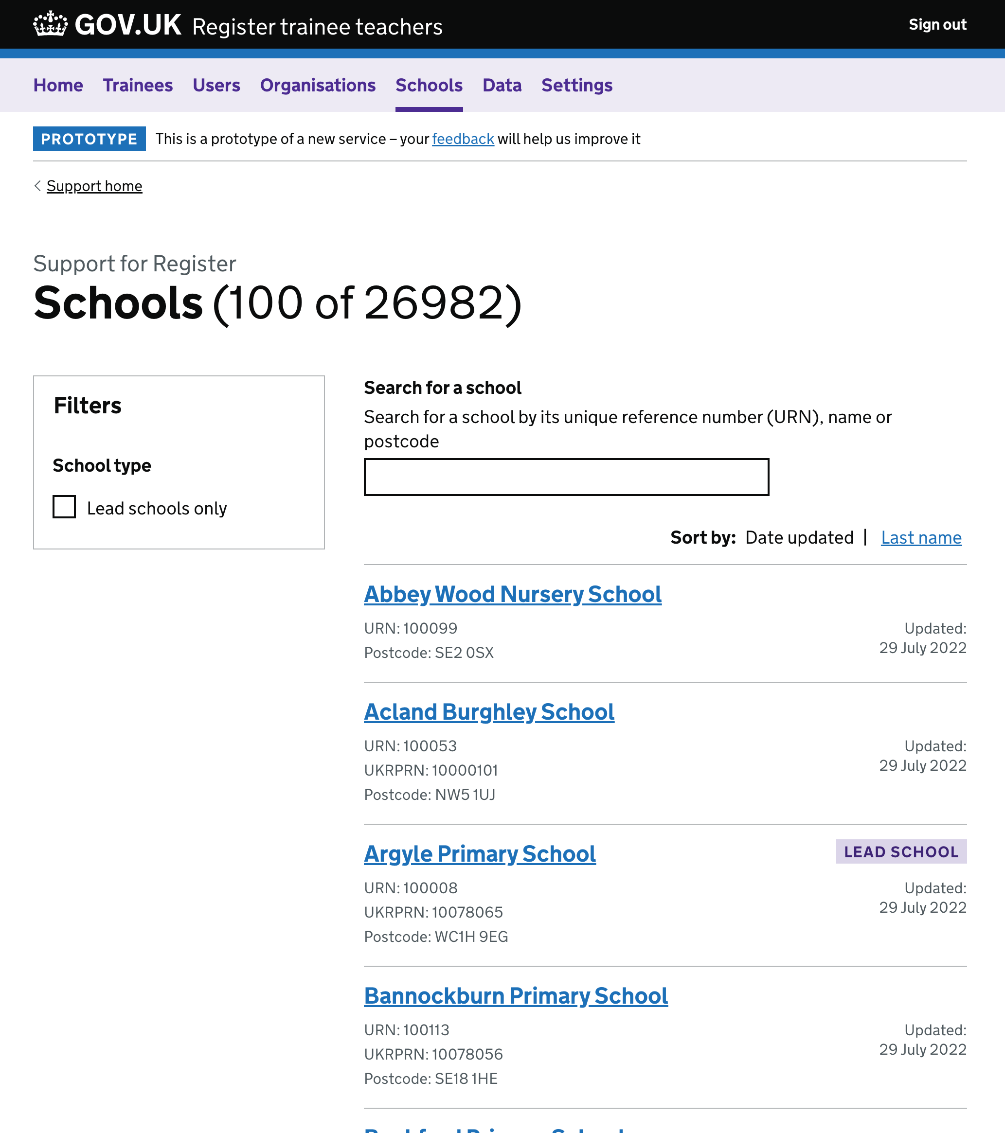 An index page showing all schools in Register. There are filters on the left for showing just lead schools, and a list of schools wiht autocomplete on the right.