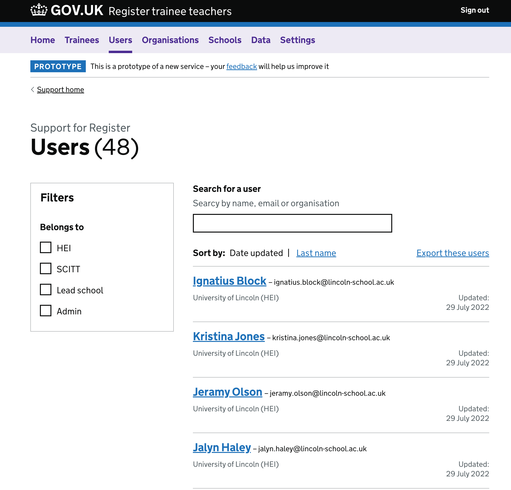 Screenshot of a page for listing all registered users. On the left are some checkboxes for selecting organisation type. On the right are a list of users and a autocomplete search box.