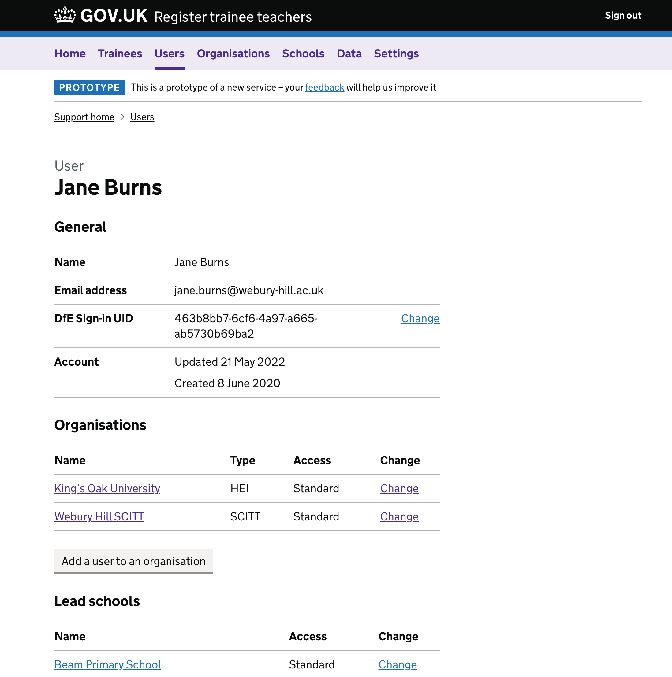 A screenshot of page showing details about a user. The page has several tables of data, some of which that have change links.