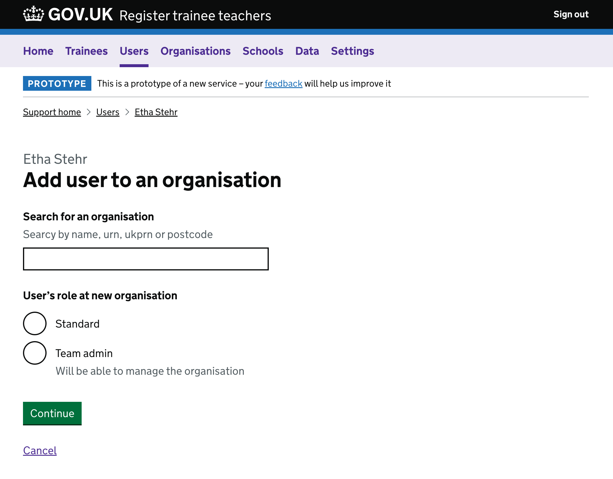 Screenshot of a page for adding a user to an organisation. The page asks the user for the organisation name and 