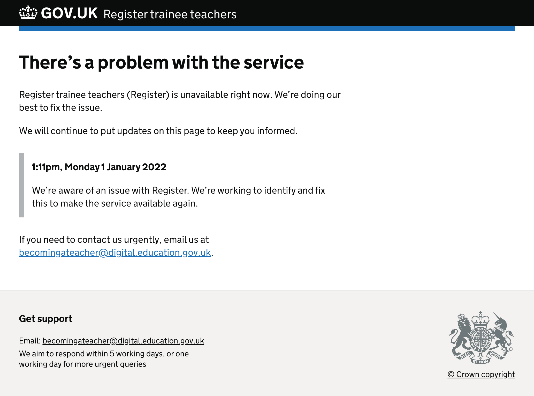Screenshot of Register’s new maintenance page.