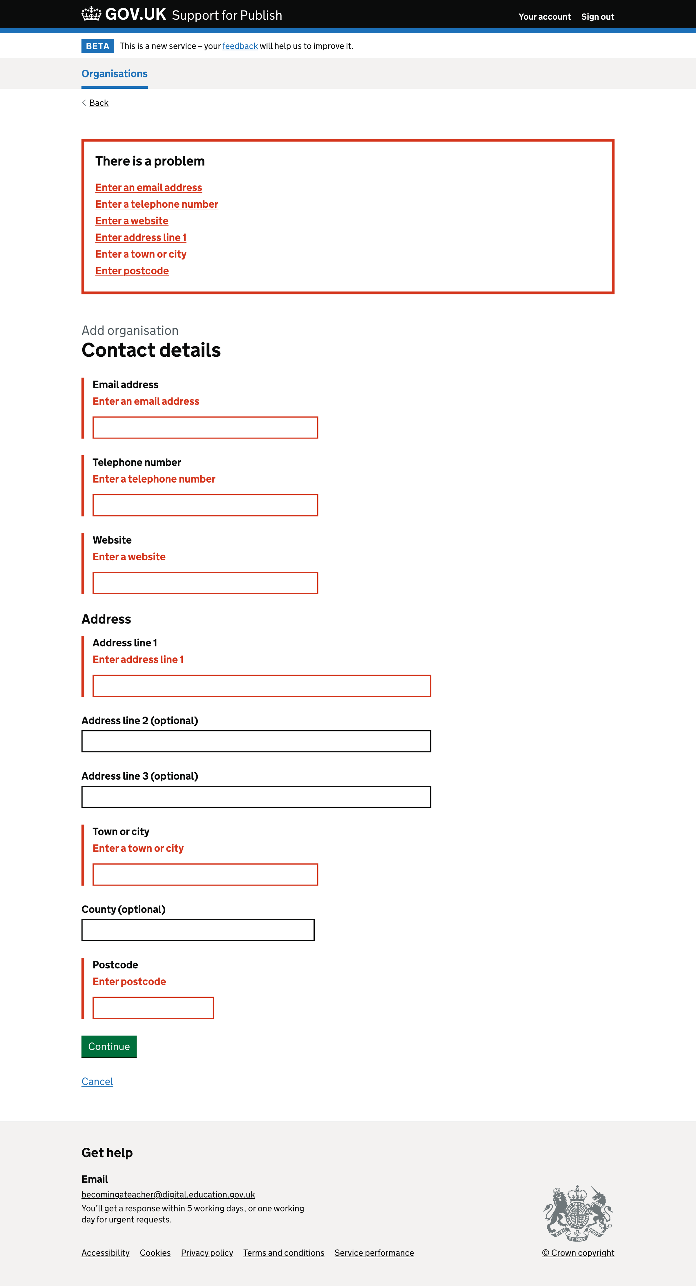 Screenshot of Add organisation contact details - errors