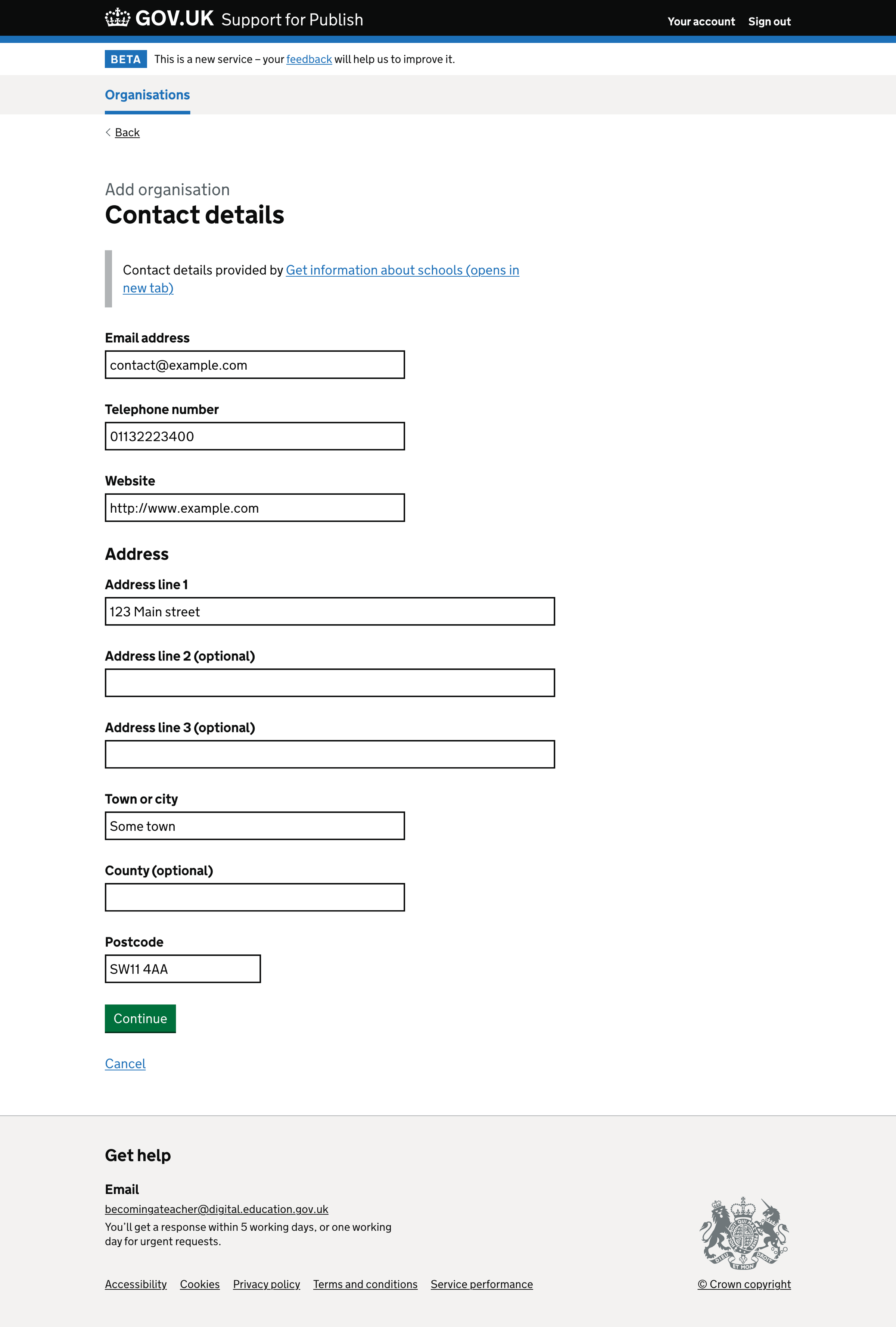 Screenshot of Add organisation contact details (school)