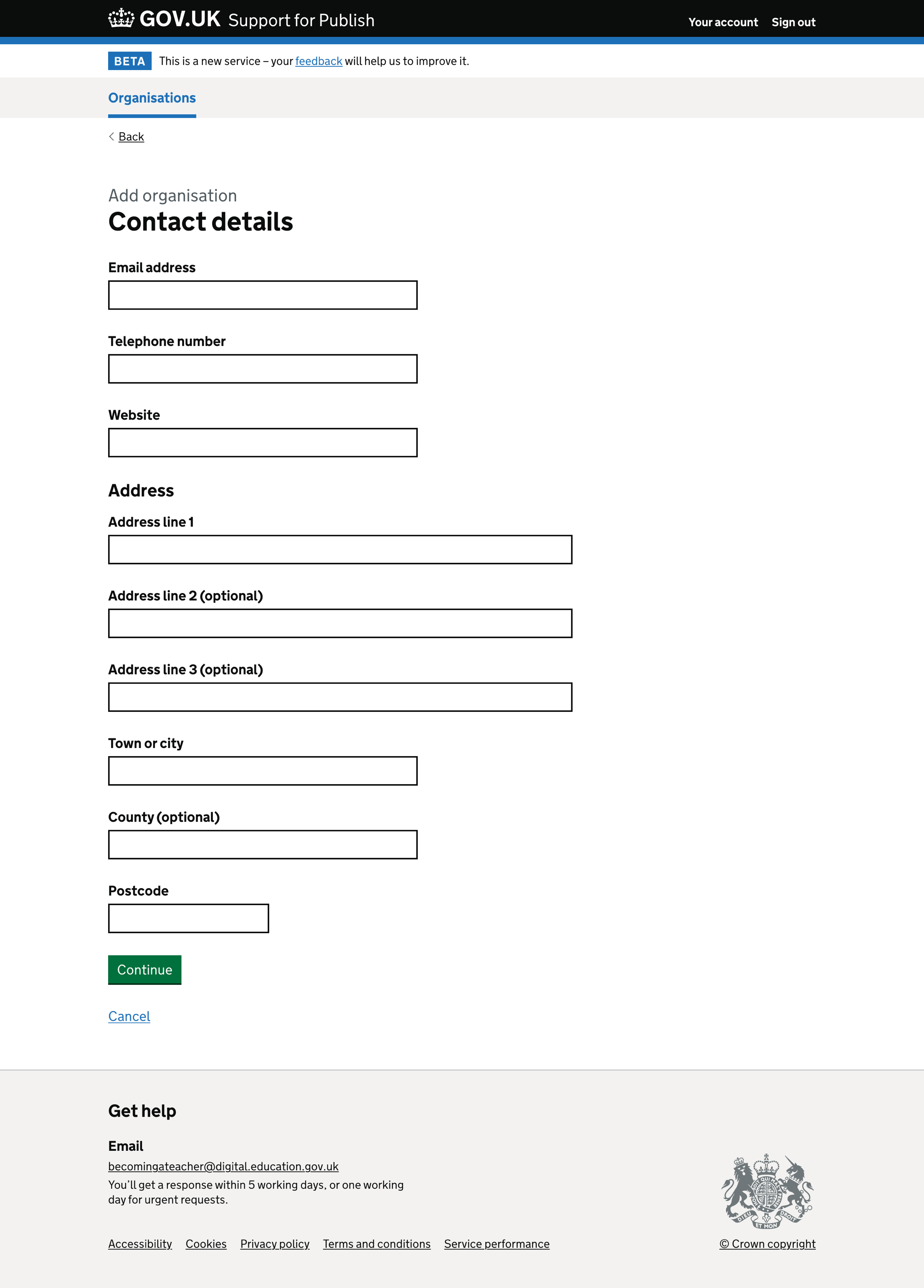 Screenshot of Add organisation contact details