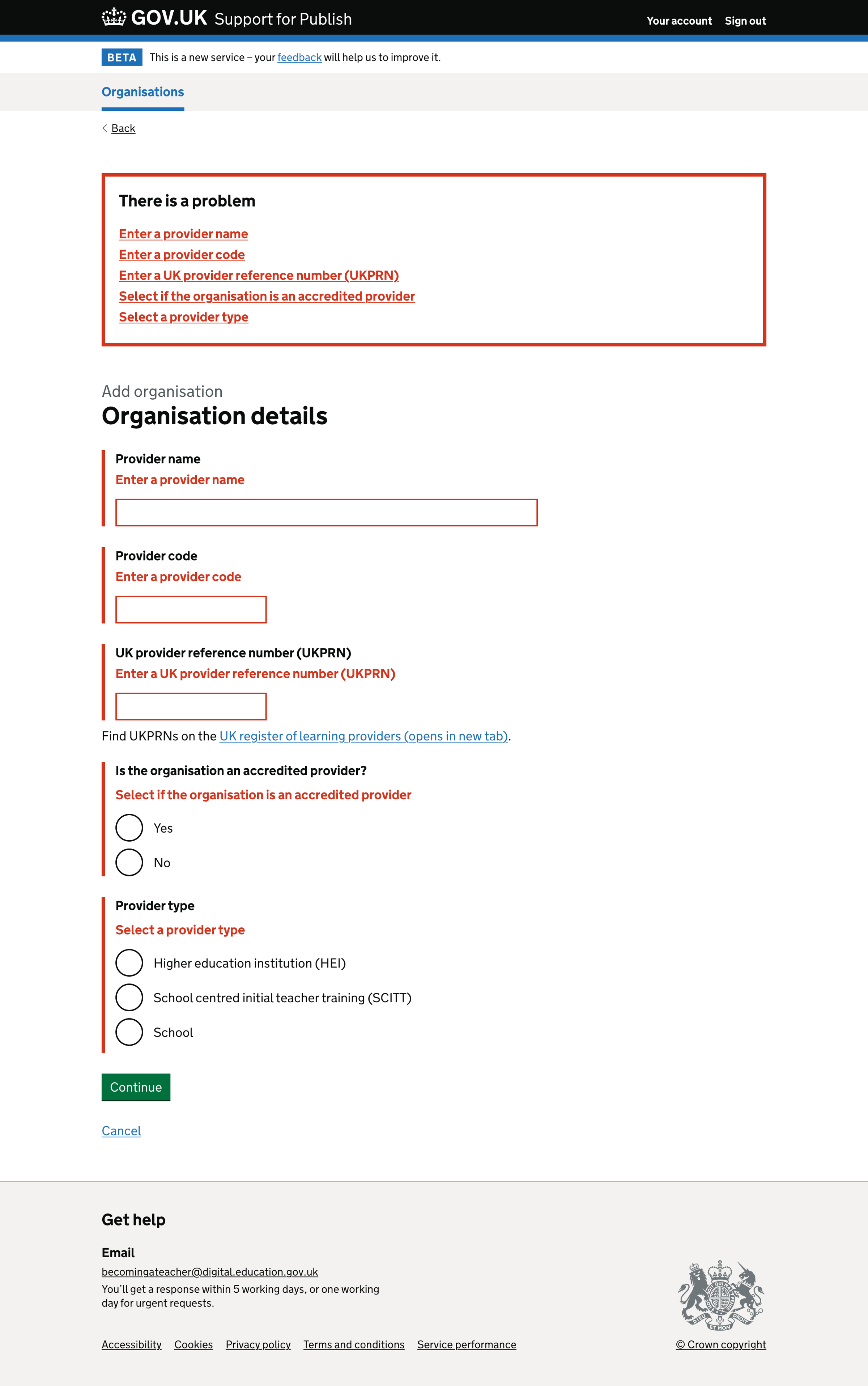 Screenshot of Add organisation details - errors