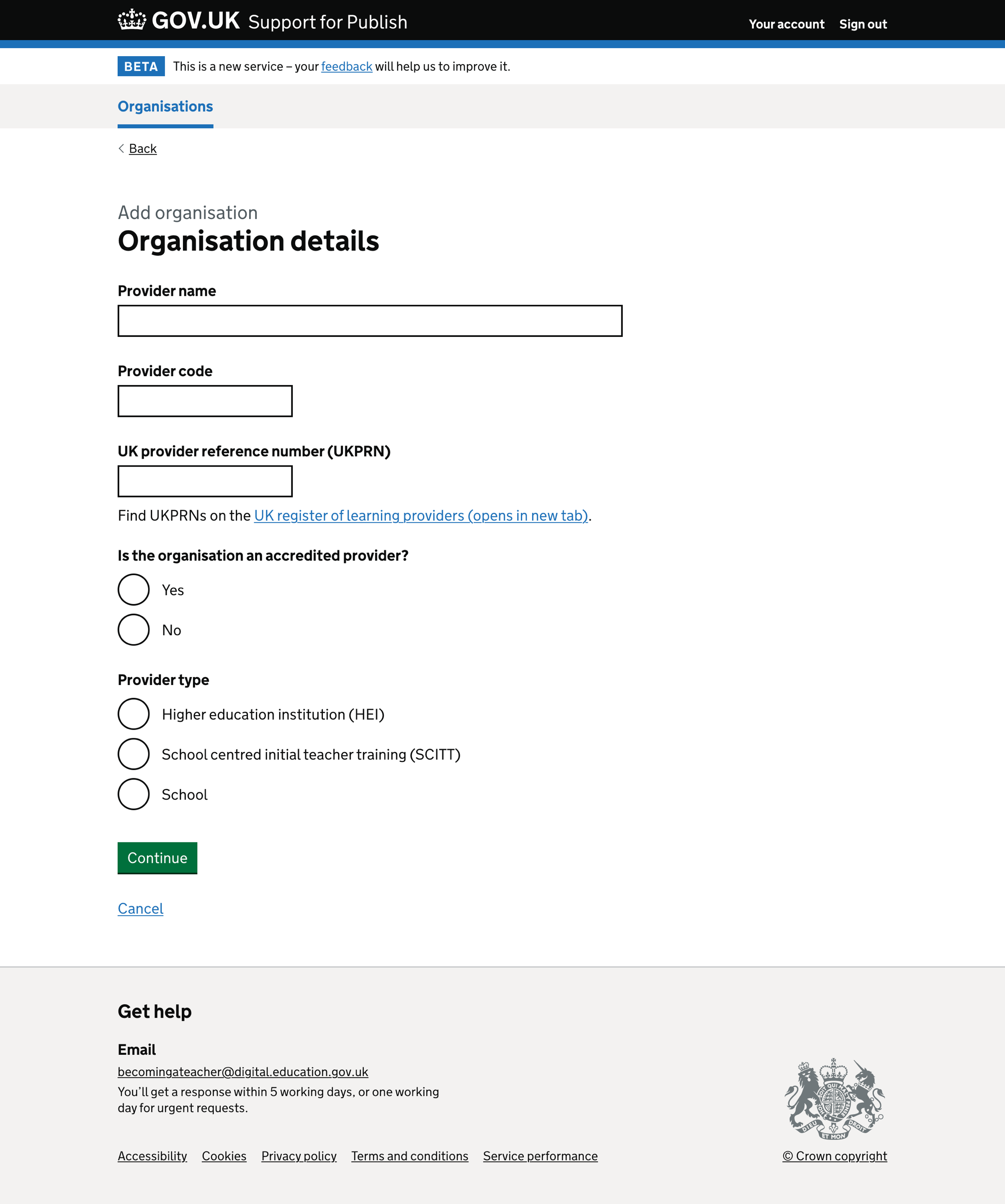 Screenshot of Add organisation details