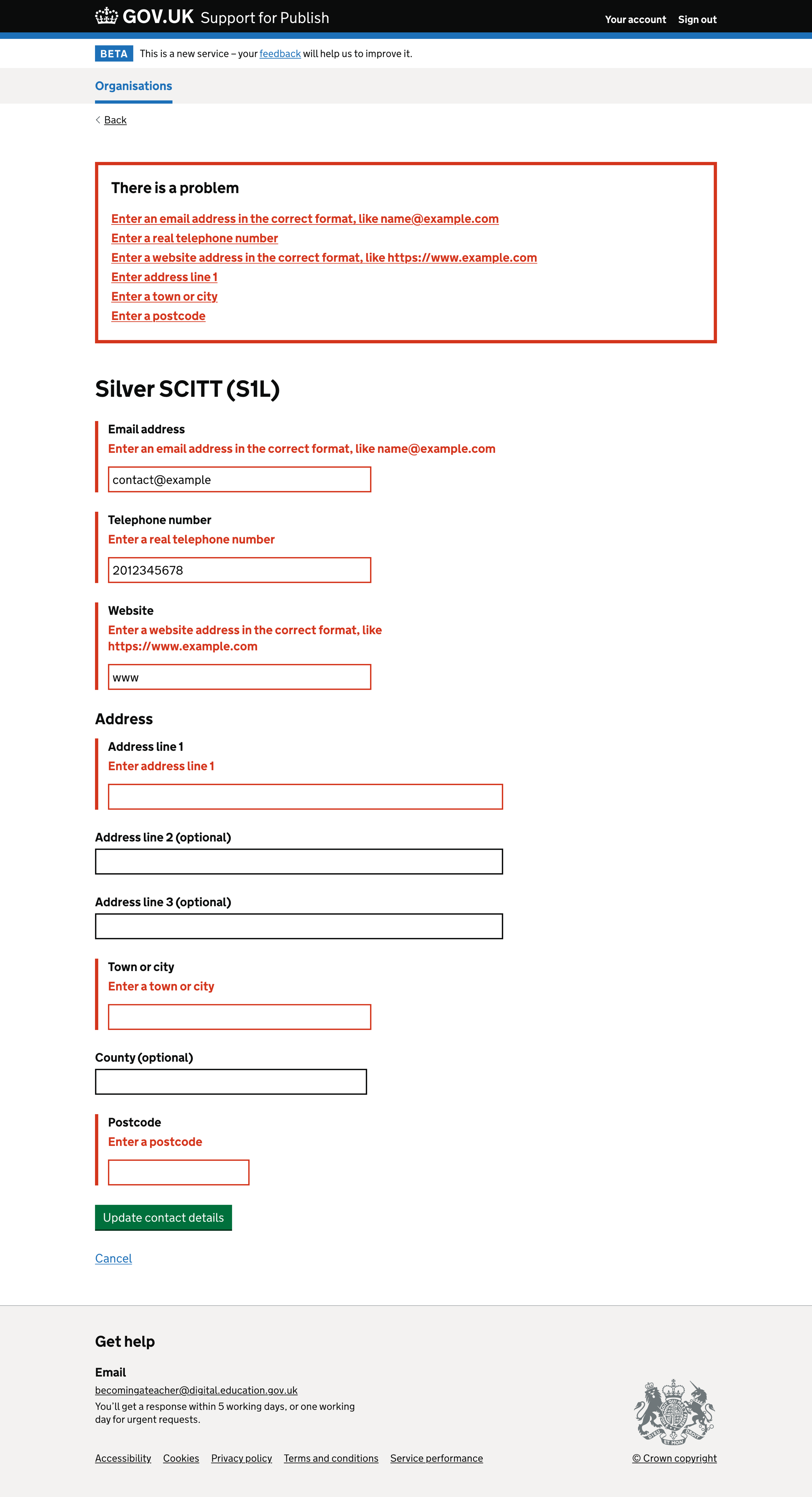 Screenshot of Edit organisation contact details - errors