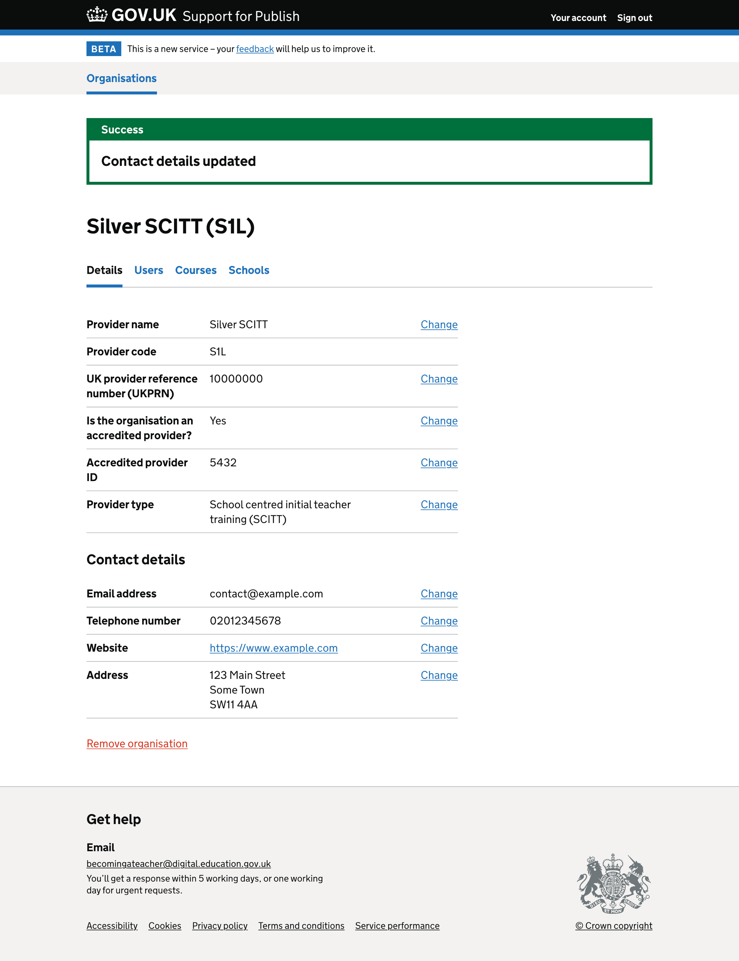 Screenshot of Edit organisation contact details - success
