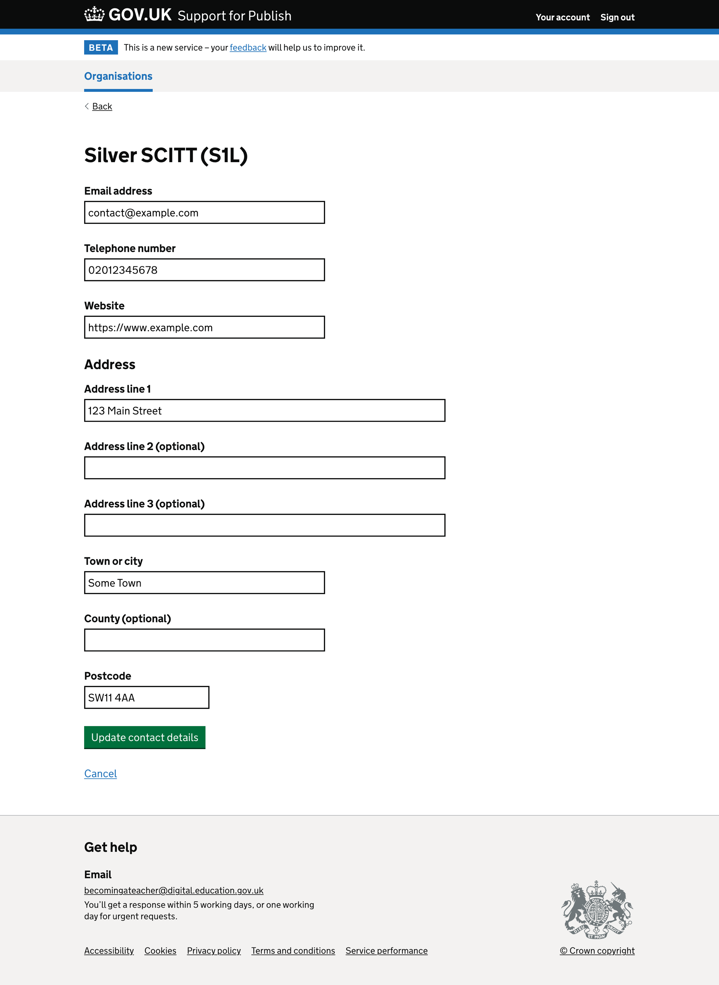 Screenshot of Edit organisation contact details