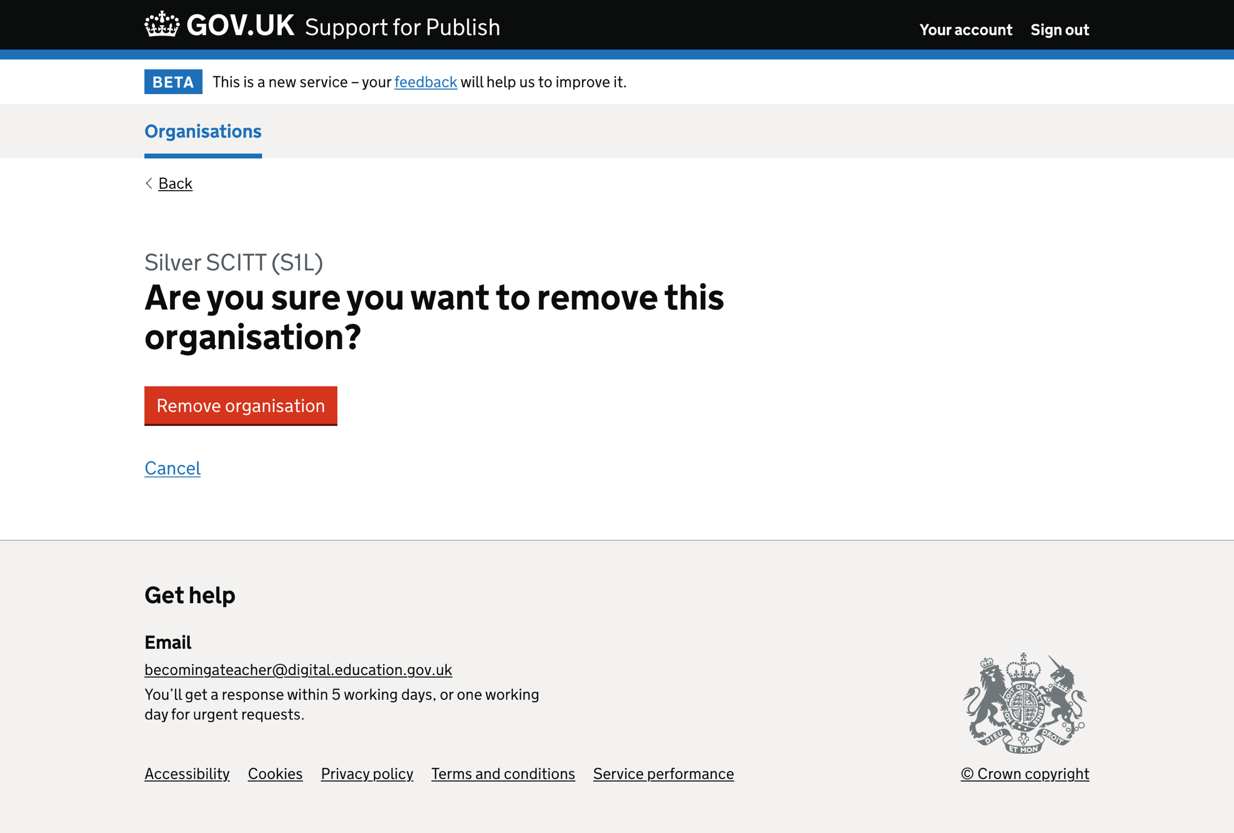 Screenshot of Remove organisation