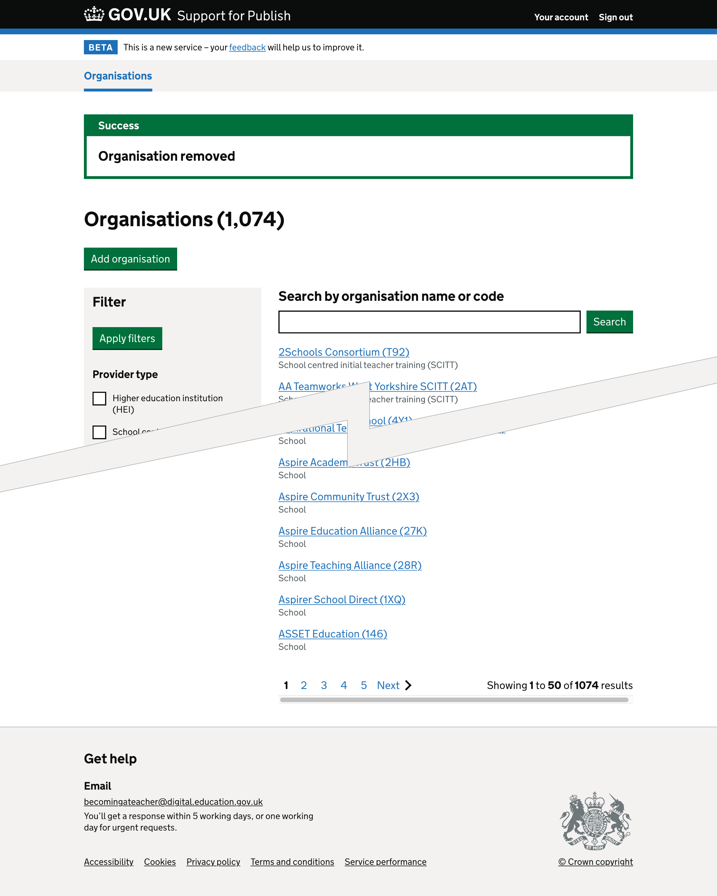 Screenshot of Organisation removed