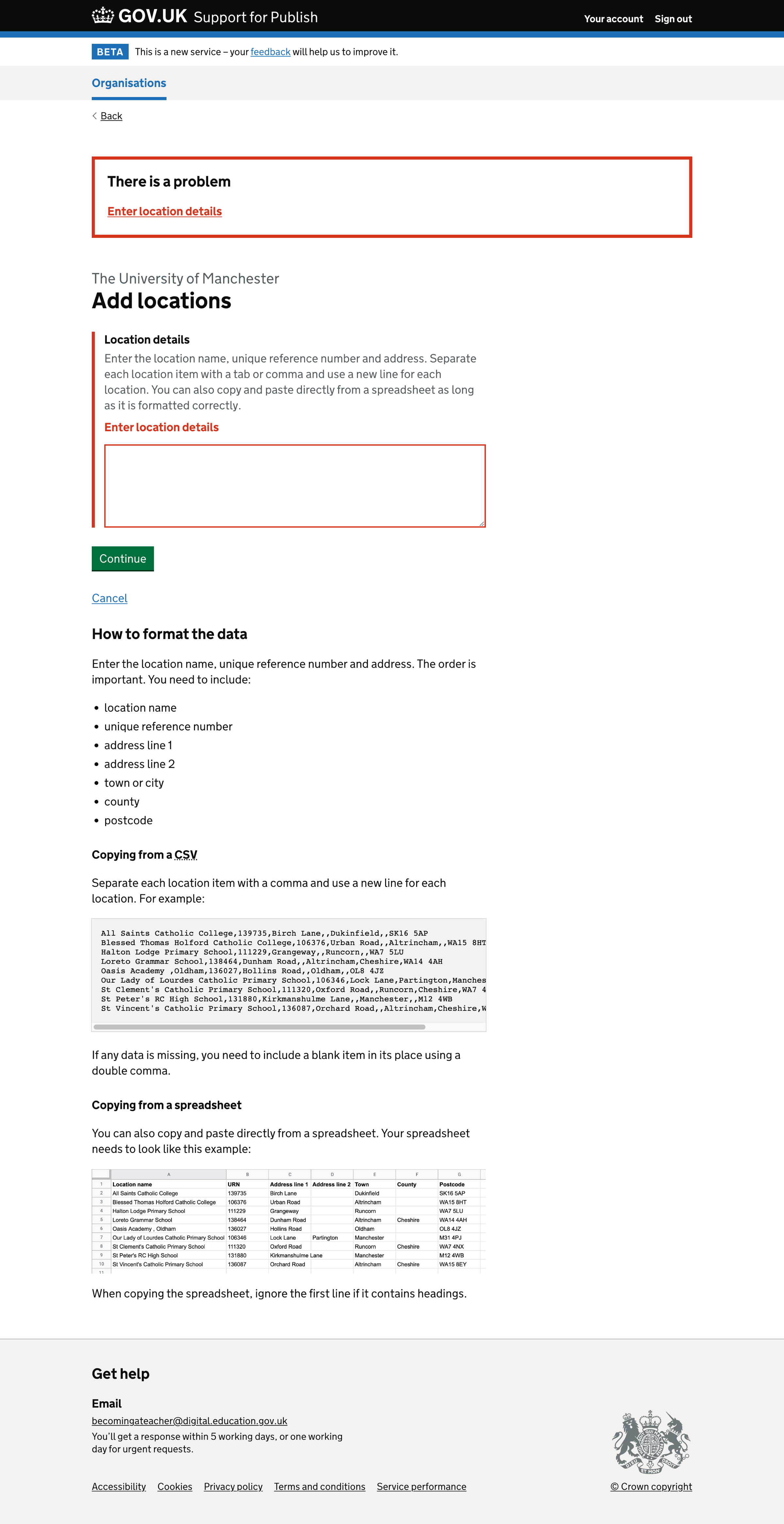 Screenshot of Adding multiple locations - upload form error