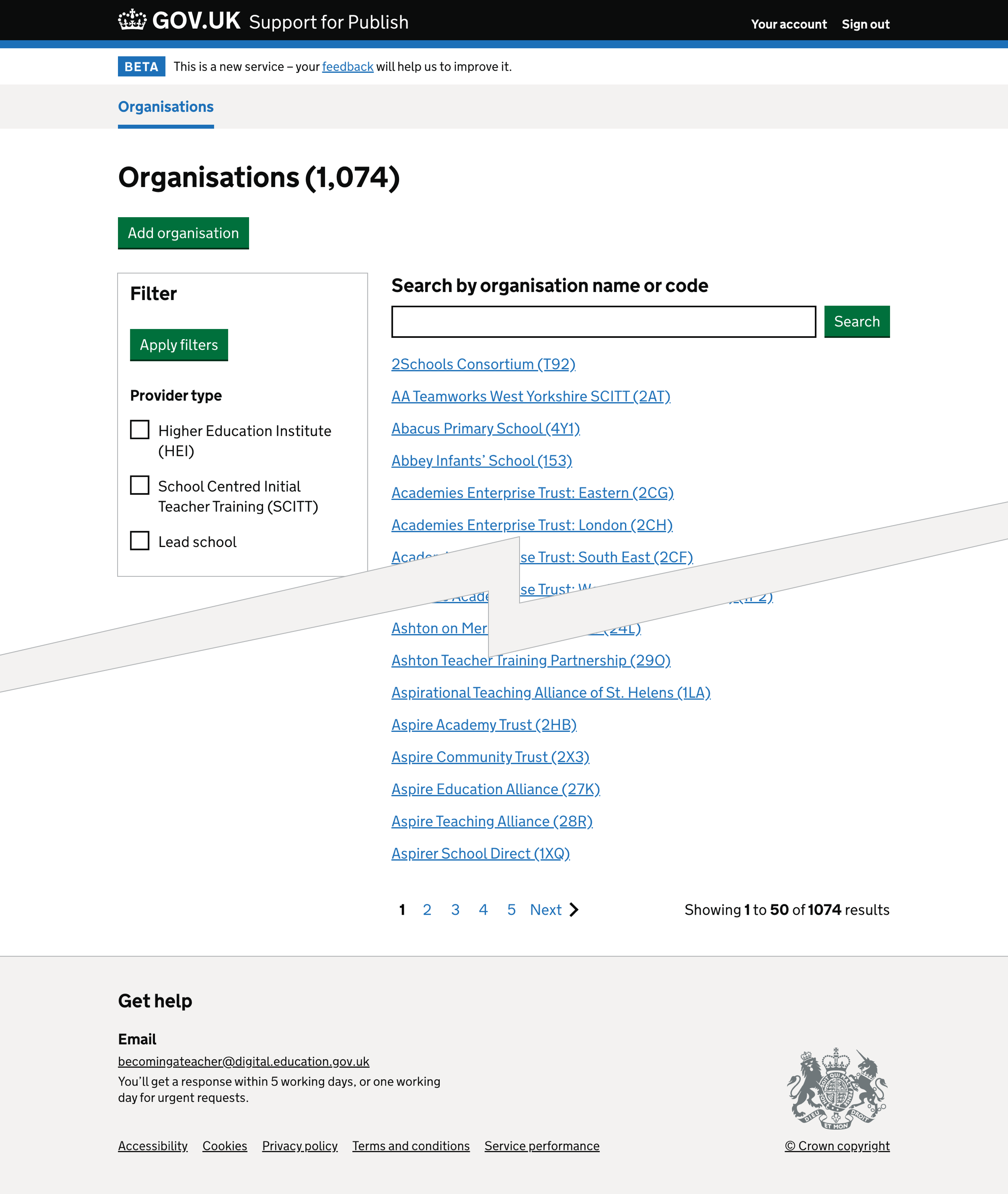 Screenshot of Primary navigation - organisations list