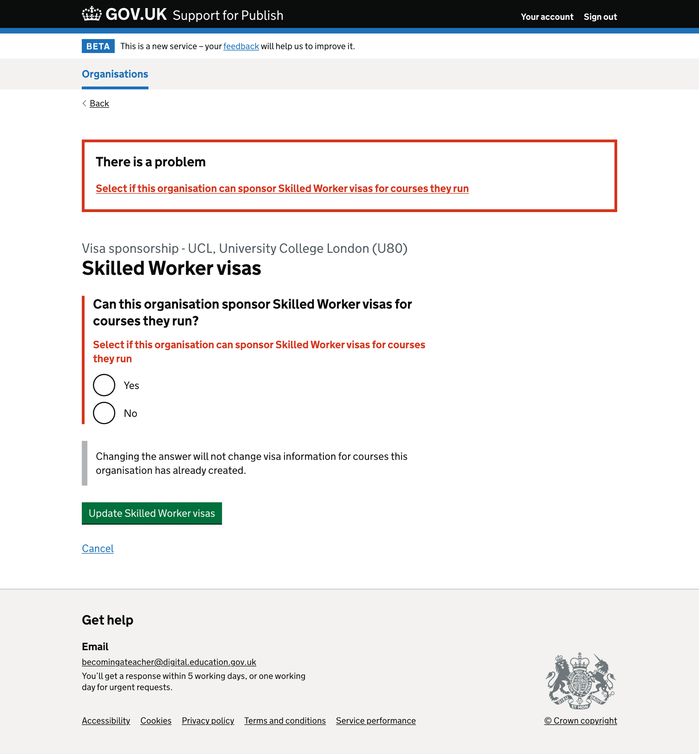 Screenshot of Skilled Worker visas - error message