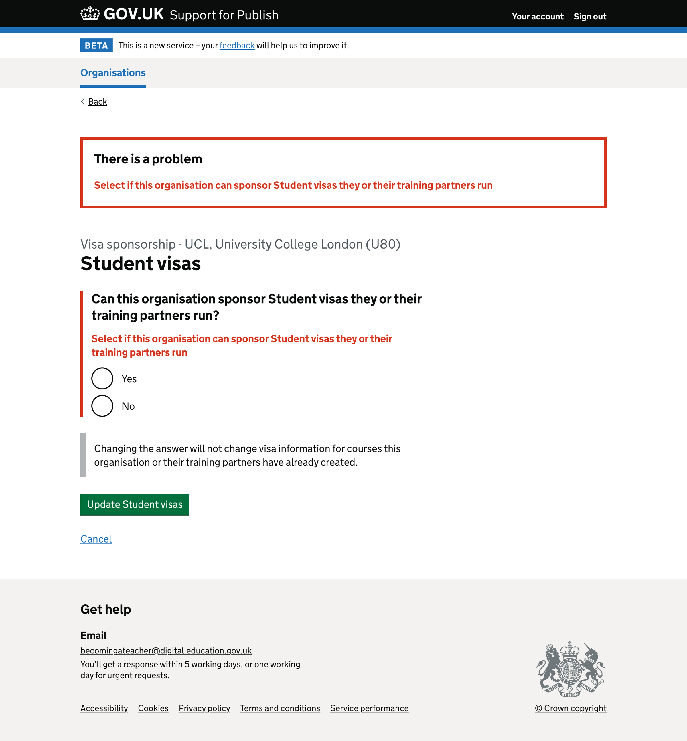 Screenshot of Student visas - error message