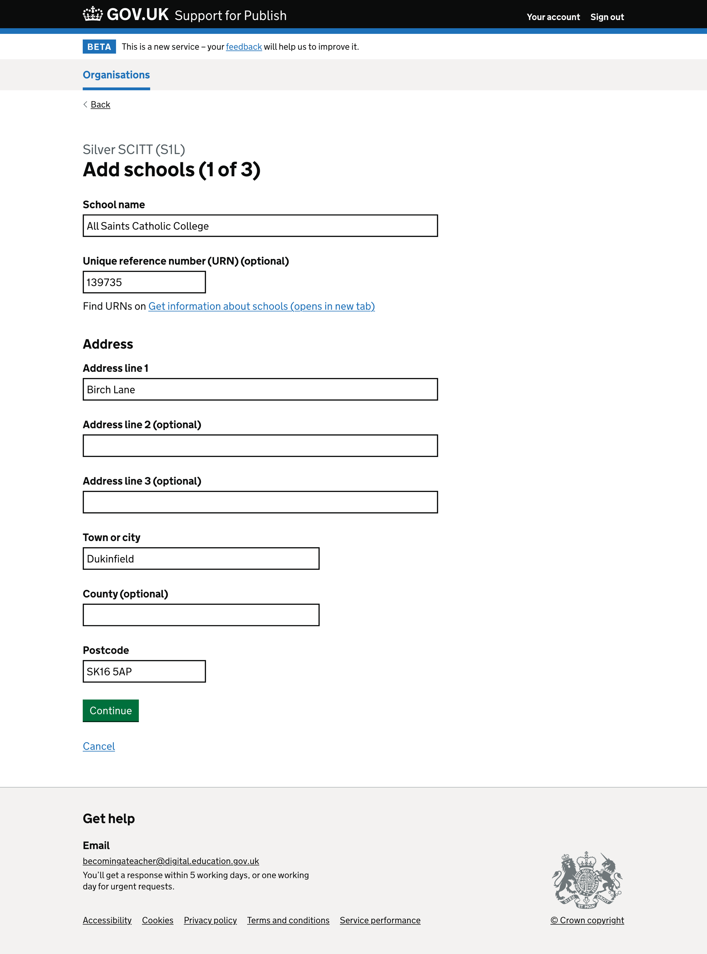 Screenshot of Add multiple schools - form