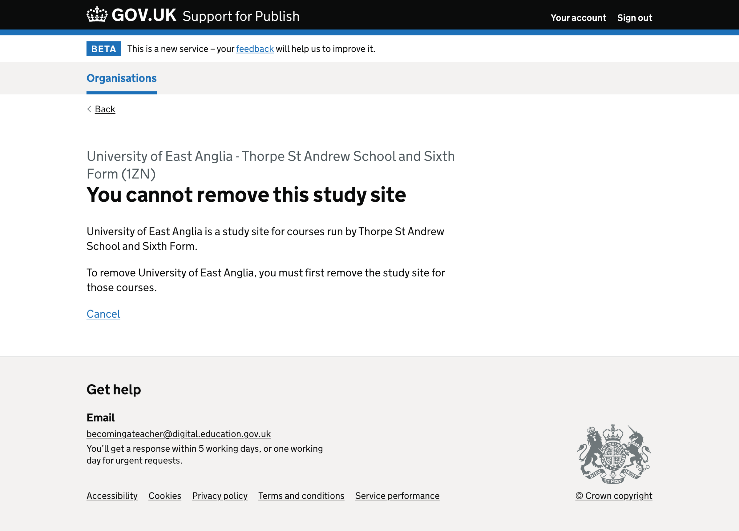 Screenshot of Study site cannot be removed