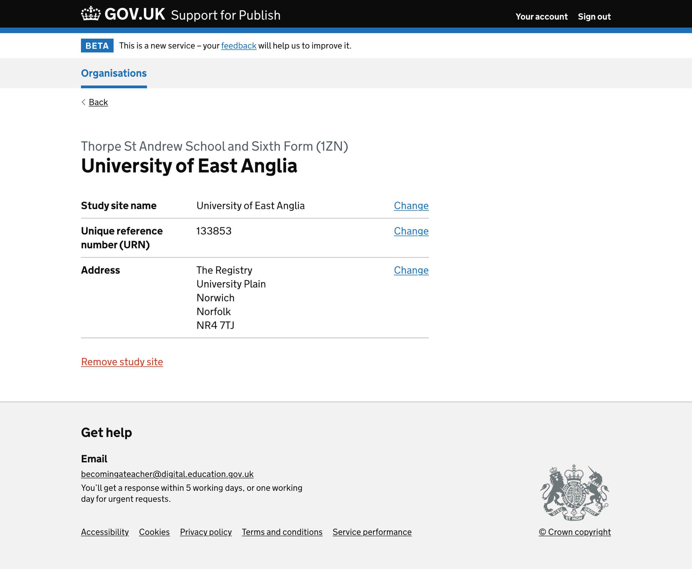 Screenshot of Study site details