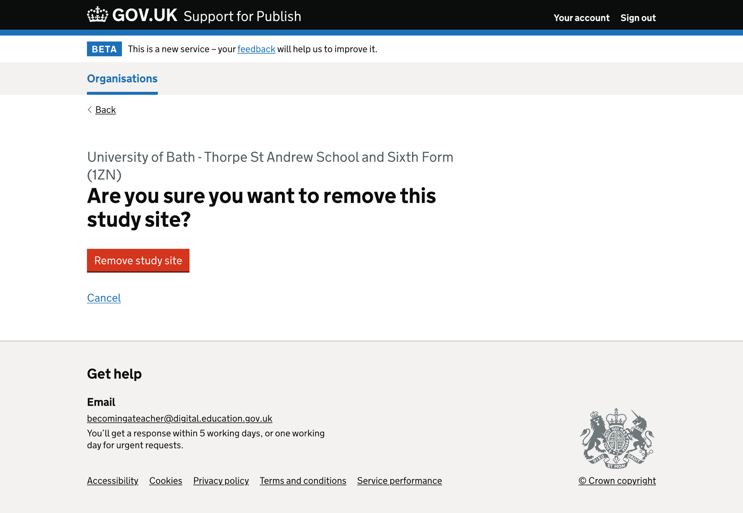 Screenshot of Remove study site