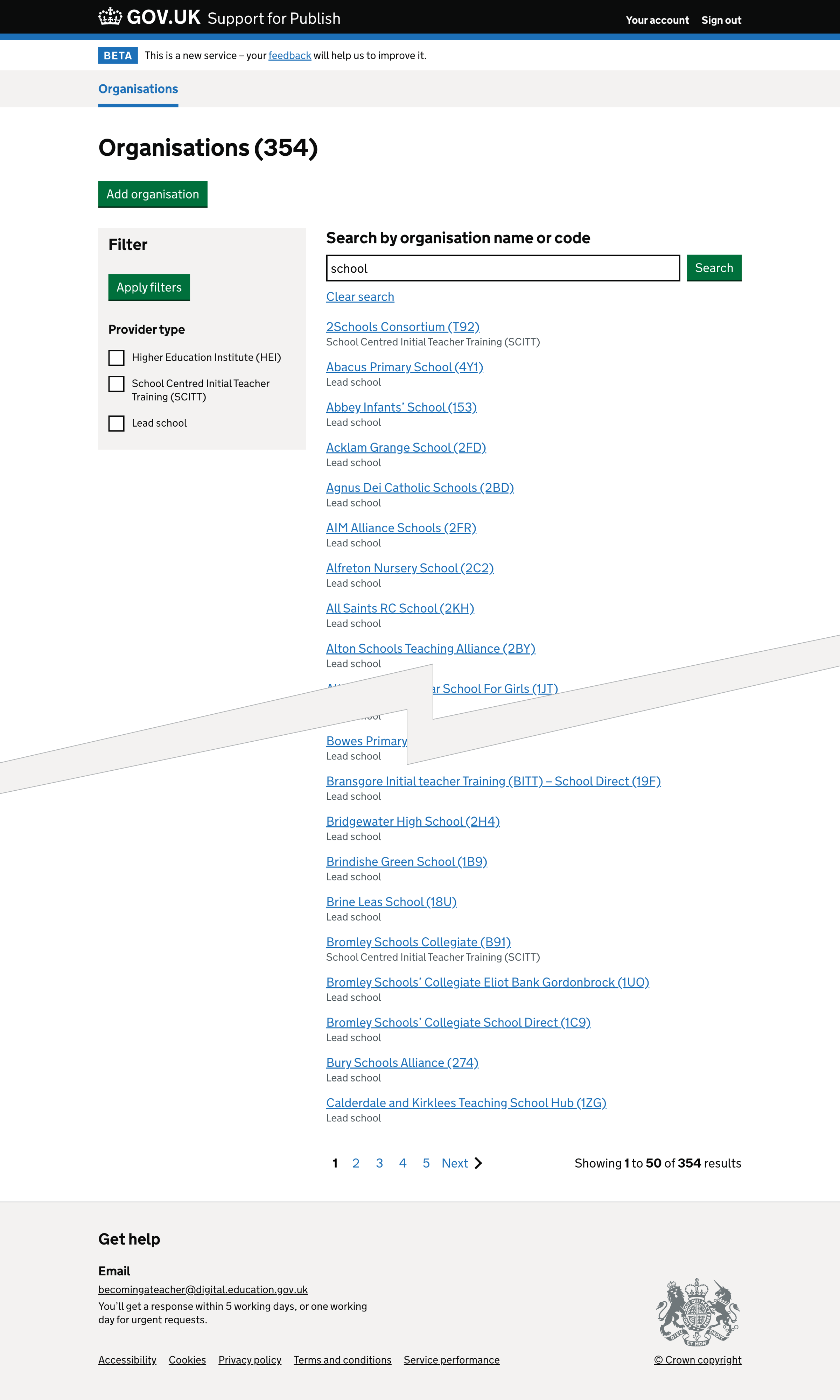 Screenshot of List of organisations with search applied