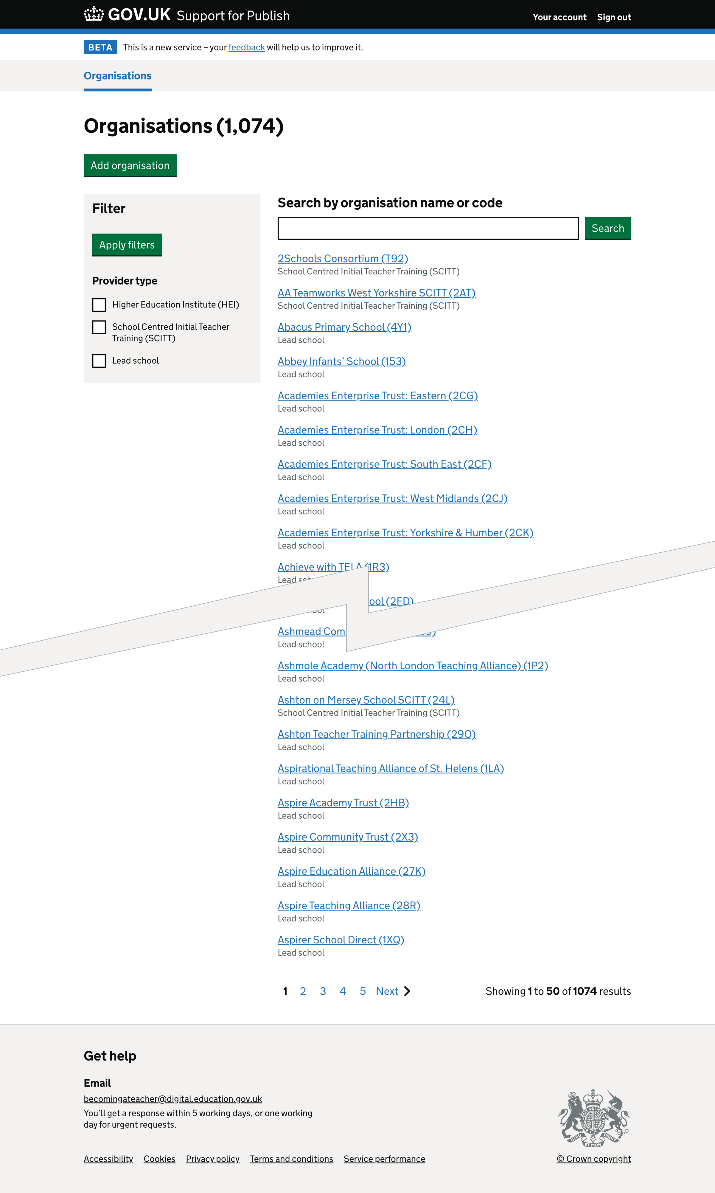 Screenshot of List of organisations